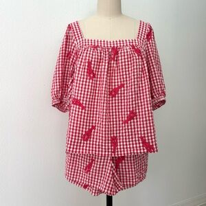 Vineyard Vines Nori Shorts Serena Top 2 Pc Pink Lobster Embroidered Gingham L